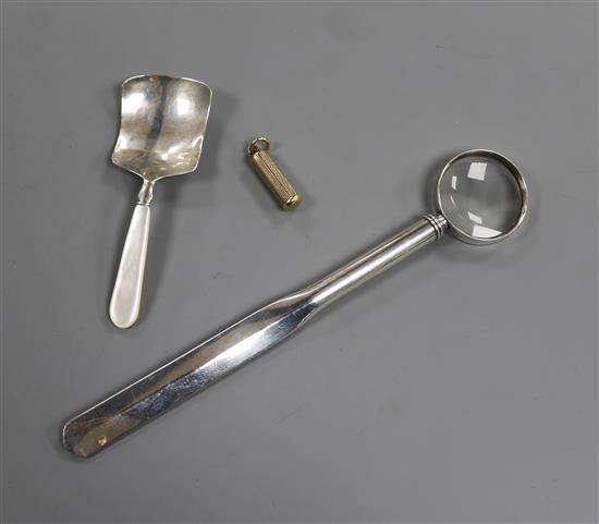 A George IV silver caddy spoon, Birmingham, 1832, 9ct. pencil and a silver Samson & Morden paperknife with propelling pencil